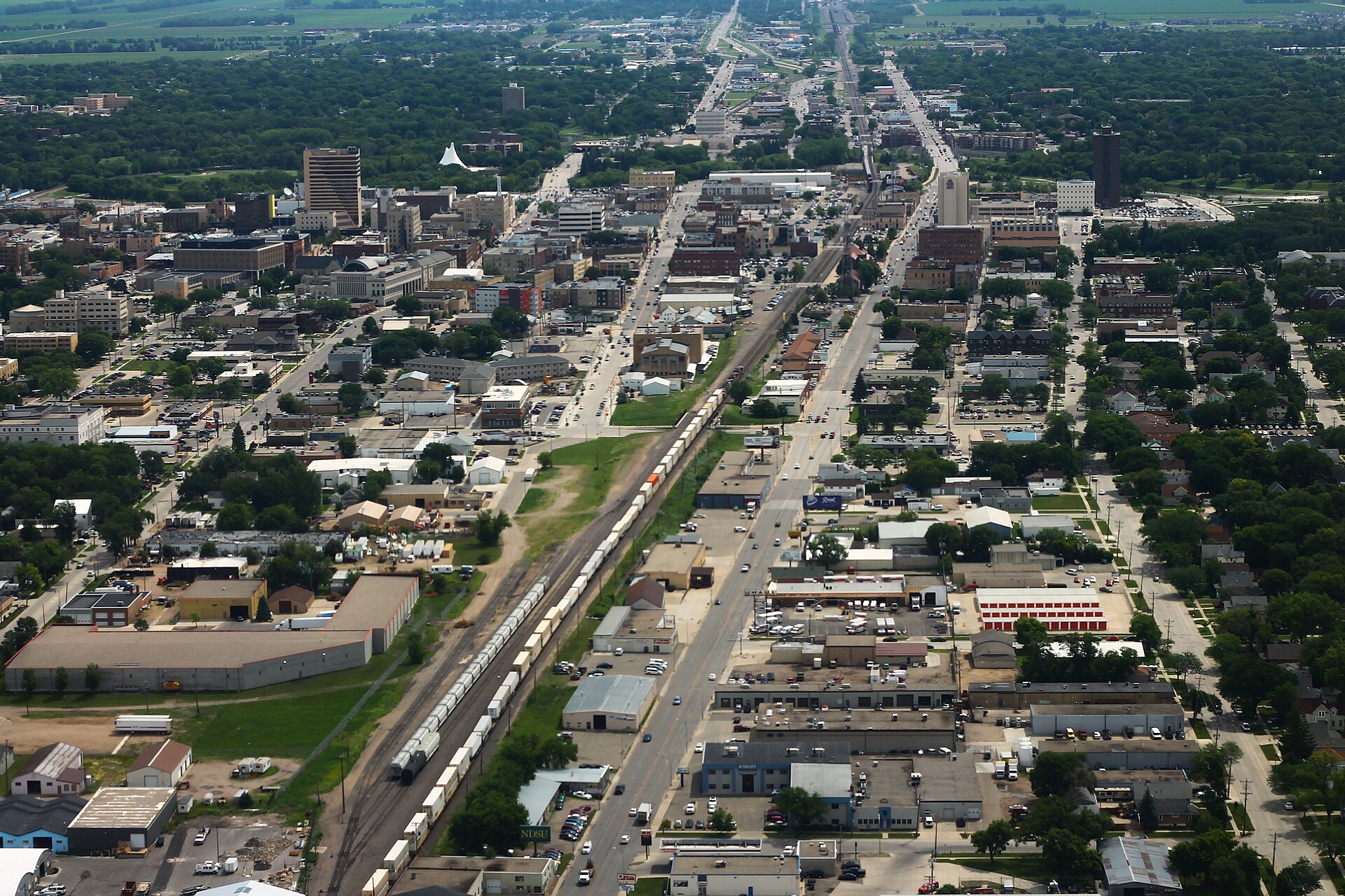 Aerial view of Fargo, North Dakota facing east