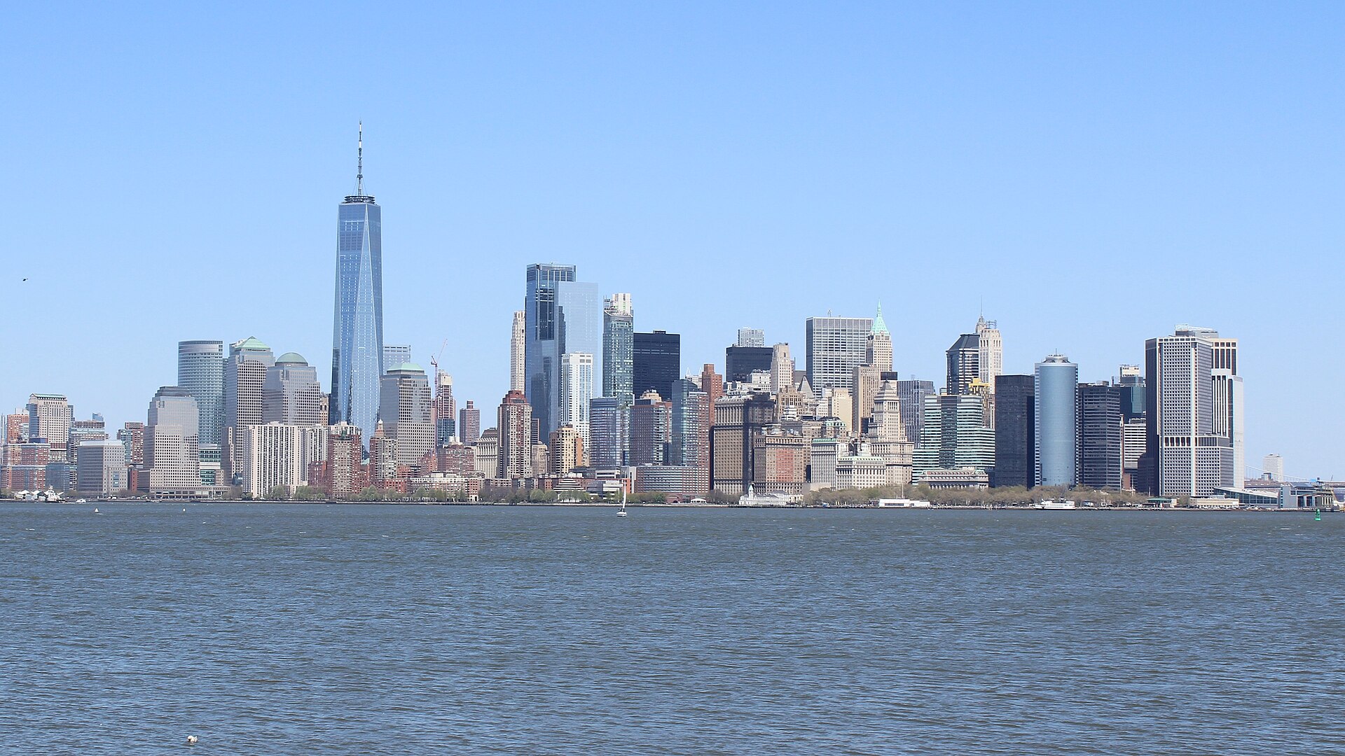 The Lower Manhattan skyline in New York City seen from New York Harbor